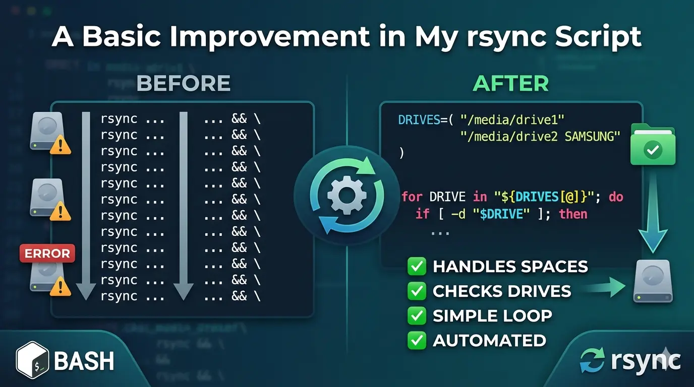 rsync bash script improvement showing before and after version with loop, drive checks, and handling spaces in file paths